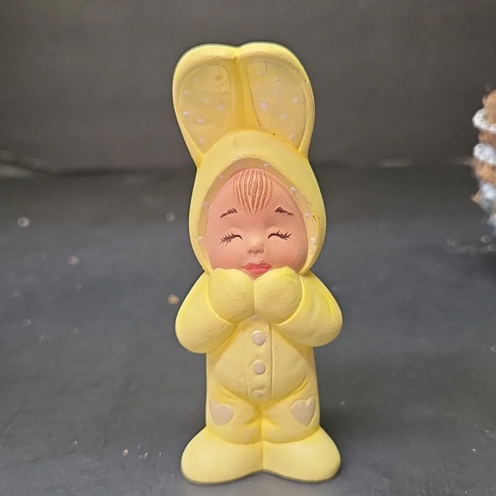 Vtg Easter Bunny Baby Pixies Ceramic Hand Painted Set Of 2~Kitschy~Cute ♡ Basket